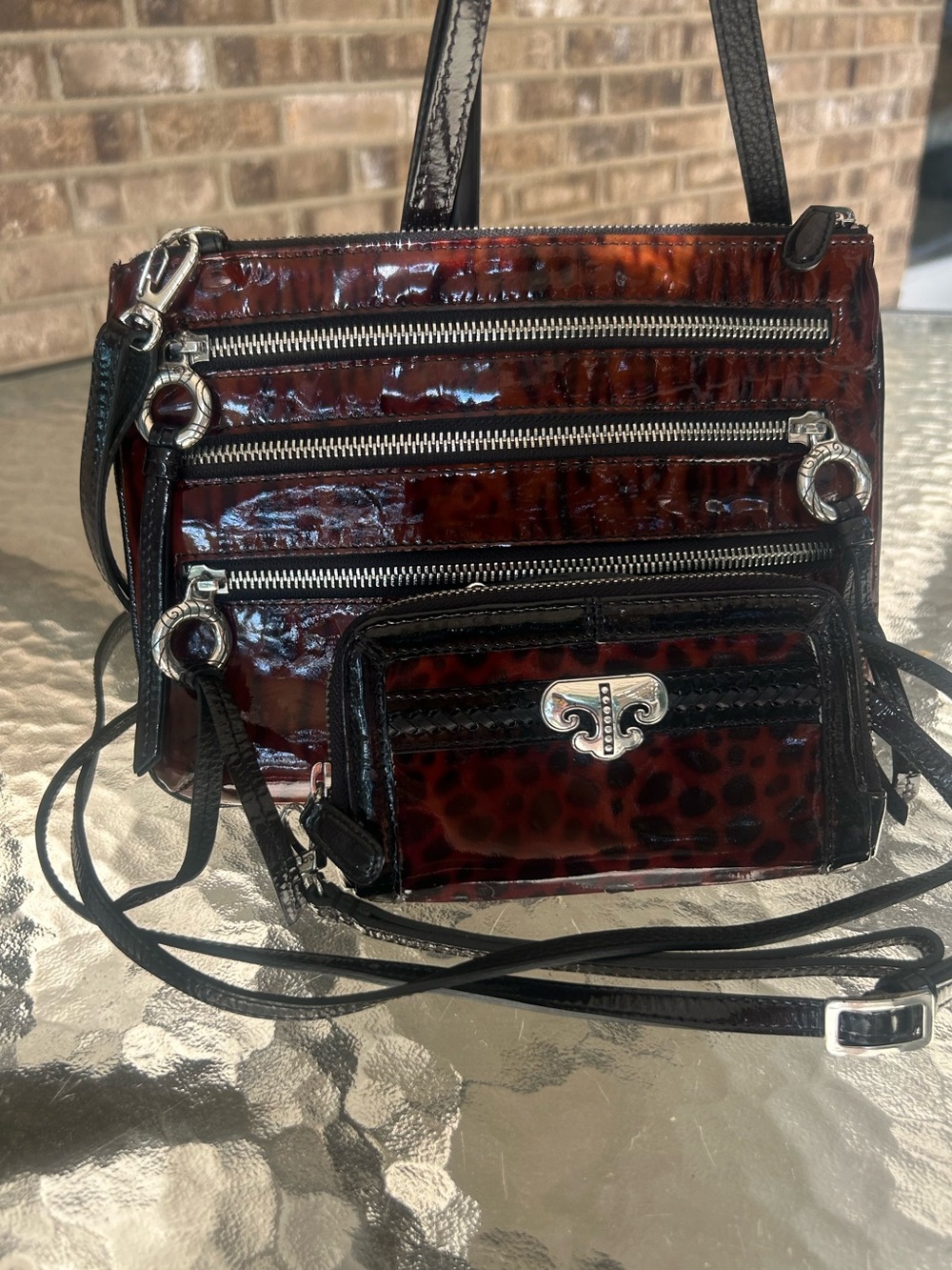 Brighton Patent Leather Leopard Tortoise Crossbody Bag Wallet Set